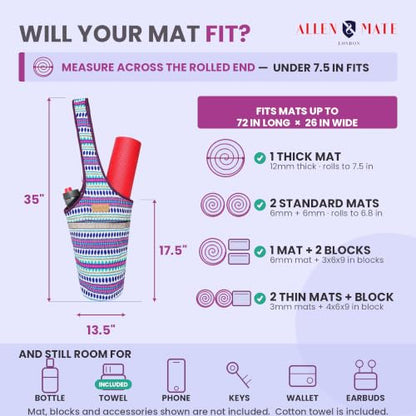 ALLEN & MATE 100% Cotton Canvas Yoga Mat Bag, Fits Mats up to 72 In Long and 7.5 In Thick, Wide Shoulder Strap, Zip Pocket, Blue Stripe - color: Blue Stripe
