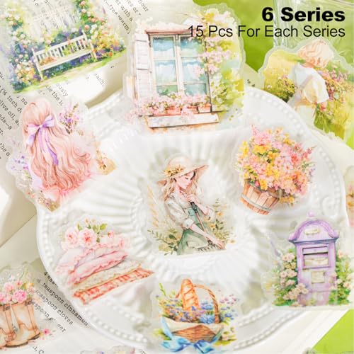 90 Pcs Garden Girl Stickers for Scrapbooking and Journaling | PET material with girls, flowers, greenhouses and cottage garden scenes for junk journals, collage, planners and card making - color: Healing Garden