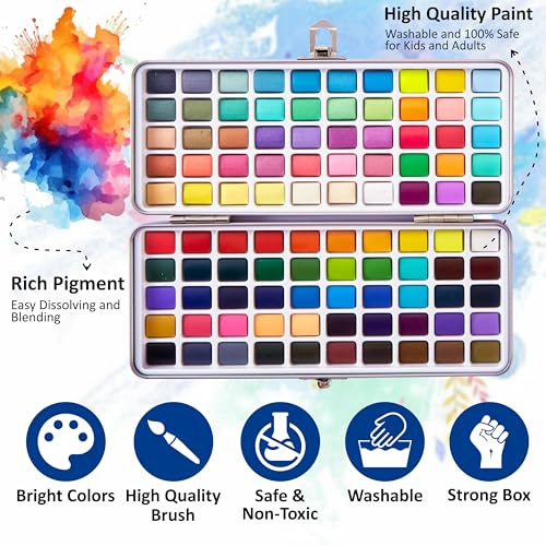 Professional Watercolor Paint Set - 100 Colors Travel Art Kit | Includes 6 detail brushes, water brush pen, nylon brush, sponge, swatch sheet, and supplies for adults, artists & students - style: Set of 100 colors
