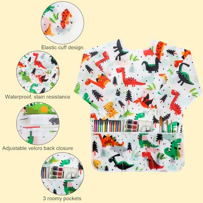 Kids Art Smocks Dinosaur Painting Aprons for Children Waterproof Artist Smock with Long Sleeve and 3 Pockets for Age 3-8 Years (White) - color: Dinosaur (White)