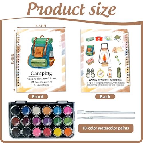 Watercolor Workbook, Water Coloring Book, 12 Different Patterns of Original DIY Designs, 18 Colors Watercolor Paint Set, Beginner-Friendly Watercolor Workbooks (Camping), Perfect Gifts for Adults - color: camping