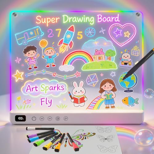 16" Rechargeable Led Drawing Board for Kids with 13 Light Effect, Glow Doodle Acrylic Dry Erase Board-Built-in Stand, Light Up Drawing Tablet for Kids, Gifts for Girls/Teen, 7 Markers(White) - color: White