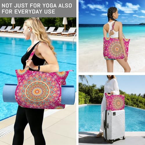 Mandala Yoga Mat Bag Large Yoga Bags and Carrier Fits All Your Stuff Yoga Tote Bags with Zipper Pocket Pilates Bag - color: Pink