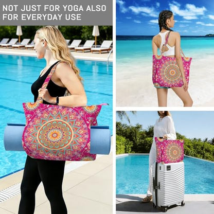 Mandala Yoga Mat Bag Large Yoga Bags and Carrier Fits All Your Stuff Yoga Tote Bags with Zipper Pocket Pilates Bag - color: Pink