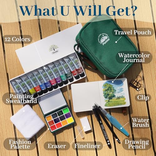Funto Travel Watercolor Paint Set, Oversized 12-Grid Empty Pan & Ample Blending Space with 12 Refillable Tubes，Mini Watercolor Travel Set with Water Brush & Sketchbook, Crossbody Bag for Beginners, Plein Air & Gifts - color: Green