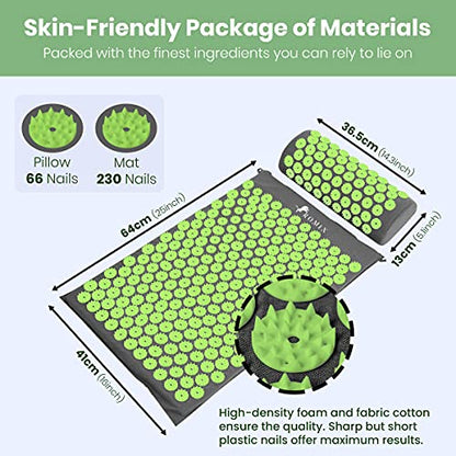 ROMIX Acupressure Mat And Pillow Set, Back Neck And Shoulder Pain Relief - color: Green