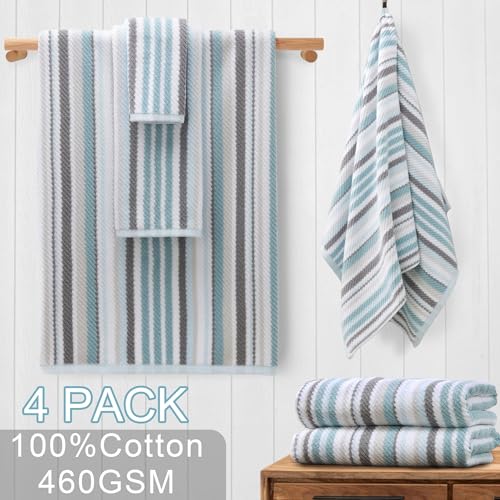 VOOVA & MOVAS Aqua Bath Towels 4 Pack, 100% Cotton, 28x52 in, Striped - color: Gray + Aqua Striped, size: 4 PC Bath Towels (28"x52")