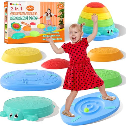 HAPATOYS Balance Board & Stepping Stones for Kids - 2-in-1 No-Slip Turtle Stepping Stones and Balance Board for Toddler Balance & Obstacle Course, for 3 4 5 6 Year Old Kid Indoor & Outdoor Play