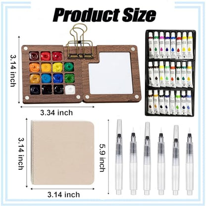 Tobeno1 Mini Watercolor Paint Set, Wooden Mini Portable Paint Palette Travel Kit, with Paint, Brush, Sketchbook & Copper Clip, for Beginners, Artists & Painting Enthusiasts (1 Set)