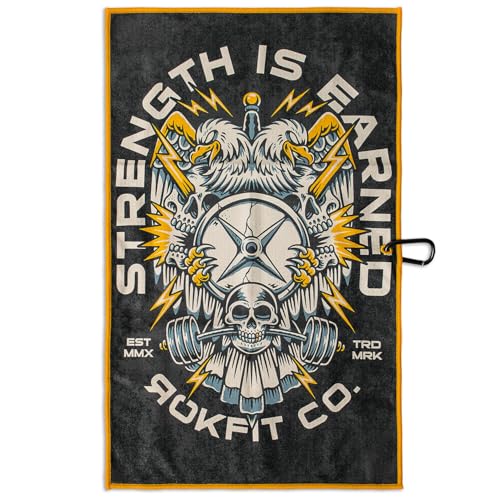 RokFit Gym & Golf Towel – Multi-Use, Quick-Dry, Durable Utility Towel with Bold Graphic and Carabiner Clip (Strength is Earned) - color: Strength is Earned