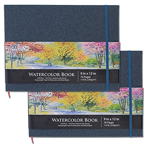 U.S. Art Supply 9" x 12" Watercolor Book (2 Pack, 76 Sheets Each) - 110lb (230 GSM) Linen-Bound Hardcover Artist Paper Pads - Acid-Free Cold-Pressed Watercolor Paper Pad Mixed Media - size: 9-x-12-inch