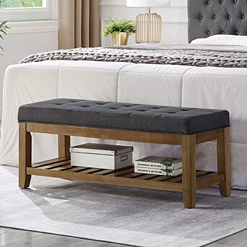 24KF Large Rectangular Upholstered Tufted Linen Fabric Ottoman Bench, Padded Bench with Solid Wood Shelf-Charcoal - color: Charcoal-bench, size: 16"D x 44"W x 18"H
