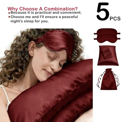 5Pcs Silky Sleep Mask Eye Masks Breathable Soft Satin Pillowcases Set for Sleeping Similar to Silk Pillowcase Travel Gift - color: Burgundy-queen Size