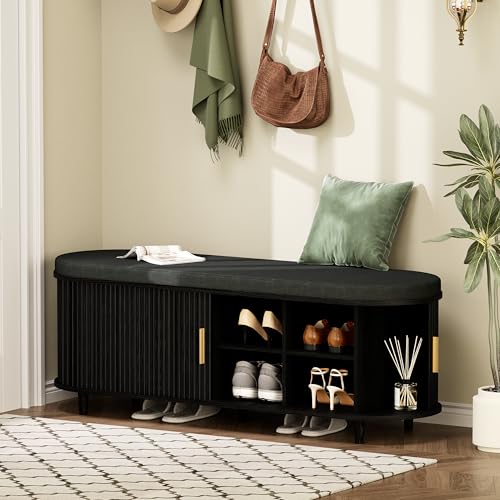 DHH 2-Tier Storage Bench,Wide Shoe Bench with Thickened Padded Seat Cushion, Mid Century Modern Fluted Sliding Door and Adjustable Shelf, for Entryway, Living Room, Bedroom (Black, 51.2”) - color: Black, size: 51.2 inch