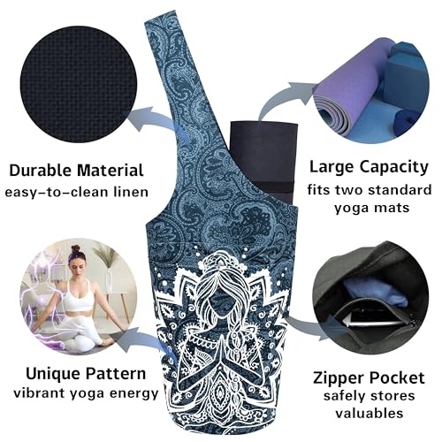 Yoga Mat Bag Carrier for Women with Side Large Pocket Durable Linen Workout Gym Travel Storage Pilates Mats - color: Mandala Meditation