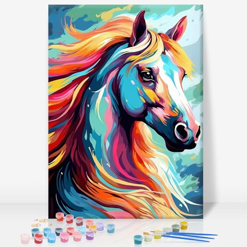 GEEHEIY Framed Paint by Numbers Kit for Adults, Colorful Horse, 8 x 12 Inch | DIY Adult Paint by Number Kit for Beginners, Horse Wall Decor, Stress Relief Craft Gift, Creative Hobby - color: TRTD1PF313