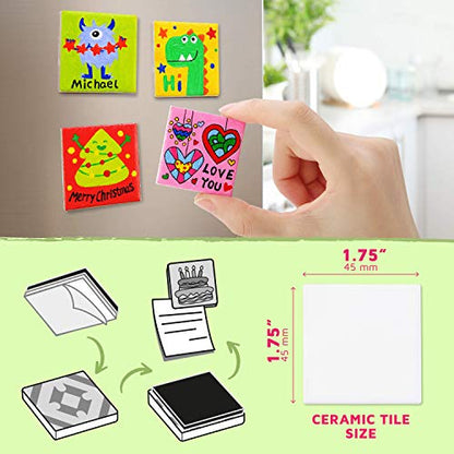 Magnetic Mini Tile Art - DIY Craft Kit; Design and Paint Magnet Tiles - Kids Paint Arts & Crafts Project; Includes 12 Tile Magnets, 8 Paint Colors, 2 Brushes and Marker; Fun Ceramic Tile Painting Kit