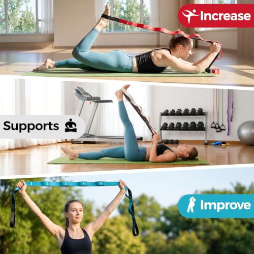 Slim Panda Stretching Strap with Loops - Non-Elastic Heavy Duty Nylon Yoga & PT - Oversized Multi-Loop Home Rehab - Hamstring Shoulder Pilates Flexibility - color: Red