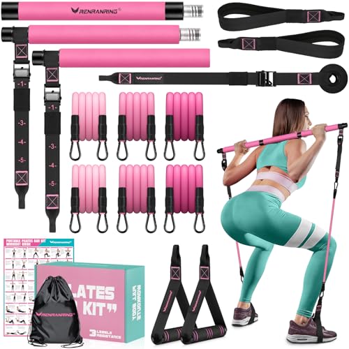 Pilates Bar Kit with 6 Latex Resistance Bands, Adjustable Exercise Bar - color: Pink