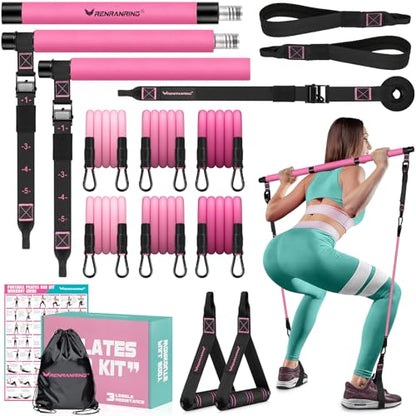 Pilates Bar Kit with 6 Latex Resistance Bands, Adjustable Exercise Bar - color: Pink