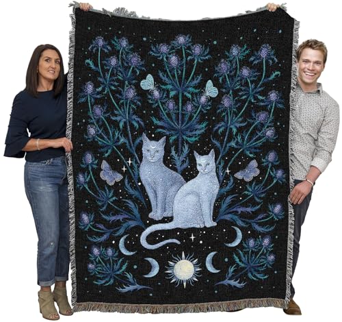 Pure Country Weavers Blue Thistle and Cat by Episodic Drawing - Gift Tapestry Throw Blanket Woven from Cotton - Made in The USA (72x54) - color: Blue Thistle and Cat, size: 72x54