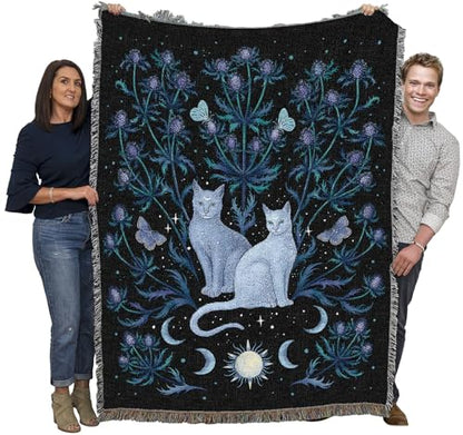Pure Country Weavers Blue Thistle and Cat by Episodic Drawing - Gift Tapestry Throw Blanket Woven from Cotton - Made in The USA (72x54) - color: Blue Thistle and Cat, size: 72x54