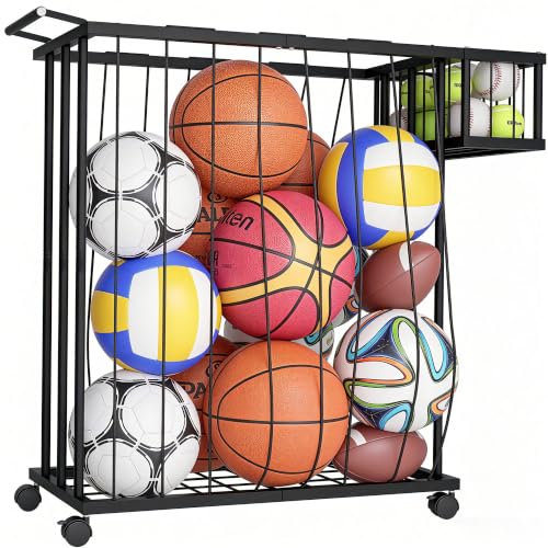 Multi-Sport Ball Storage Cart with Side Basket for Gloves & Tennis; Gravity-Access Elastic Straps for Kids; Rolling Garage Organizer Rack for Basketballs, Soccer & Yoga Mats - Multi-Athlete Families