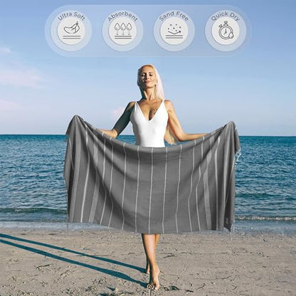 Ossano Turkish Beach Towel Quick Dry & Soft Oversized (39" x 71") - Compact, Versatile and Functional as Beach and Travel Blanket, Travel, Camping, Cruise and Gym Towel - Grey - color: Grey