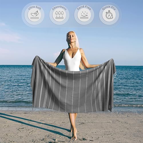 Ossano Turkish Beach Towel Quick Dry & Soft Oversized (39" x 71") - Compact, Versatile and Functional as Beach and Travel Blanket, Travel, Camping, Cruise and Gym Towel - Grey - color: Grey