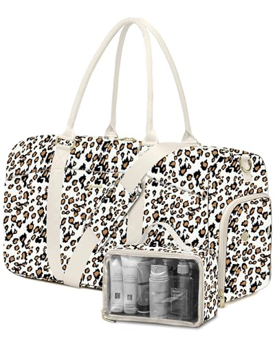 Women Weekender Travel Duffle Bag: Travel Duffel Overnight Bags with Shoe Compartment Large Carry on Tote with Toiletry Bag Weekend Traveling Yoga Gym Hospital Bag for Women with Wet Pocket Leopard - color: 12-Leopard Print, size: Large