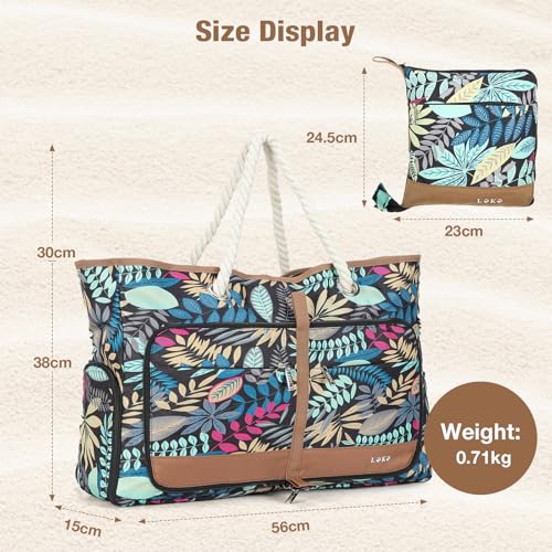 Beach Bag for Women - 35L Large Tote Bag, Waterproof & Sandproof, Zippered Carry On Bag for Pool, Beach & Travel - color: Blue Jungle