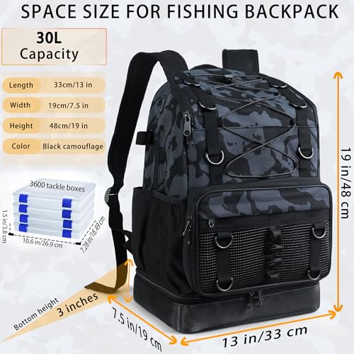 Fishing Backpack with 4 Tackle Boxes, Heavy Duty Fishing Bag with Waterproof Bottom, Tackle Backpack Gifts for Man Woman-Camo Black - color: Camo Black