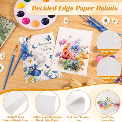 50 Sheets Deckled Edge Watercolor Paper 300GSM, 5 x 7inch Handmade Watercolor Paper Rough/Textured Cotton Paper, Cold Press Paper for Watercolors, Sketching, Wedding Invitations, Cards, Craft