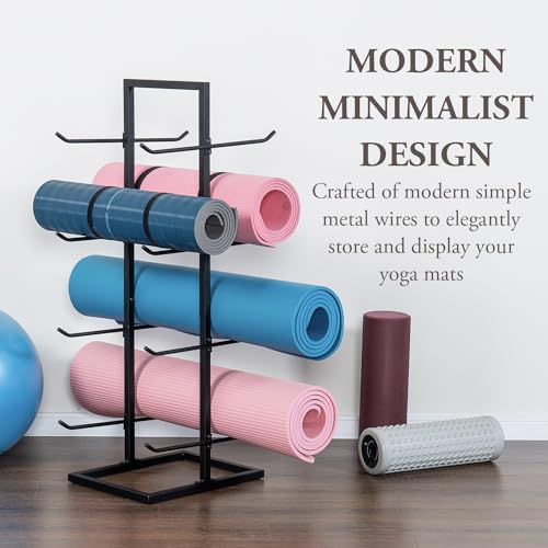MyGift 4 Tier Yoga Mat Holder, Foam Roller Storage, Freestanding Double Sided Matte Black Metal Fitness Mat Stand