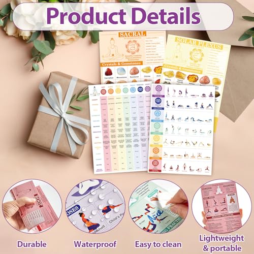 10 Pcs Chakra Cards Quick Reference Guide for Chakra Healing with Meditation Yoga Poses, Crystals, Essential Oils, Affirmations Summary Spiritual Day Gift for Her Him, Beginner Friendly
