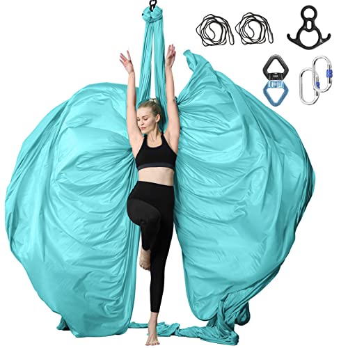 Aerial Silks Yoga Swing Set, Fitness Aerial Yoga Kit | Anti-Gravity Flight Aerial Yoga Hammock Kit; Low/Non Stretch Nylon Tricot Fabric; For Fitness & Dance; Hardware Included - color: Turquoise