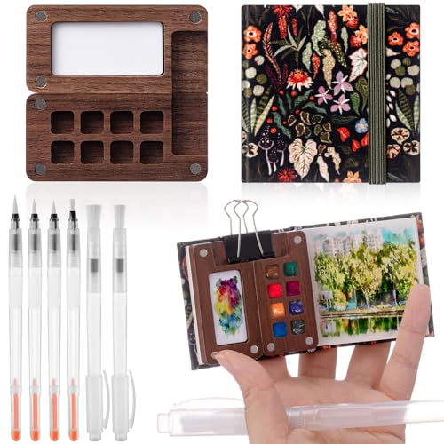 Qilery Mini Portable Watercolor Palette Set Wooden Grid Paint Box Watercolor Paper Sketch Book Brush Pens with Binder Clip for Painters Artist Not Include Paint(Rainforest Secrets) - style: Rainforest Secrets