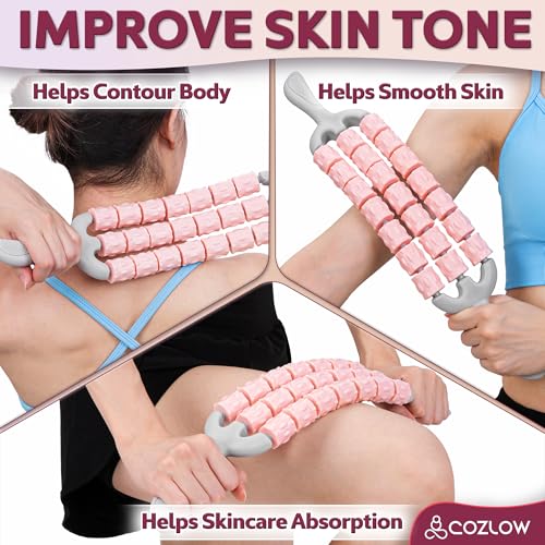 Triple Roller Massage Stick - Body Massager for Muscles - Fascia Rolling Tool - Deep Tissue Therapy for Myofascial Release and Lymphatic Drainage - Handheld Anti Cellulite Device - by Cozlow - color: Pink