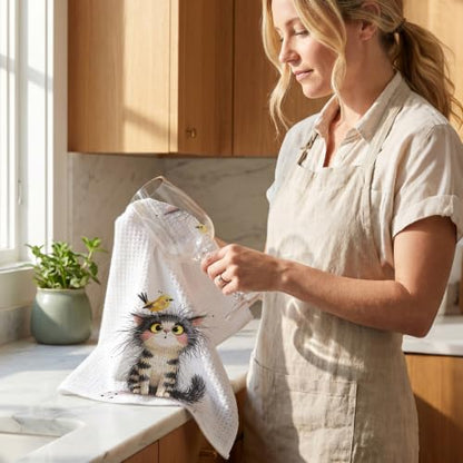 Jztco 4 Pcs Cute Cat Kitchen Towels, Funny Bird Cats Gifts Hand Tea Towel - color: Multi 1563