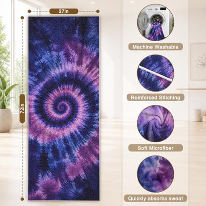 Yoga Mat Towel Non Slip Ultra-Absorbent Hot Yoga Towel, Super Stylish Printed Sweat Hot Yoga Towel, Ideal for Home, Workouts, Pilates, Yoga, 72 x 27in, Purple & Black Tie Dye - color: Purple & Black Tie Dye