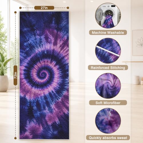 Yoga Mat Towel Non Slip Ultra-Absorbent Hot Yoga Towel, Super Stylish Printed Sweat Hot Yoga Towel, Ideal for Home, Workouts, Pilates, Yoga, 72 x 27in, Purple & Black Tie Dye - color: Purple & Black Tie Dye