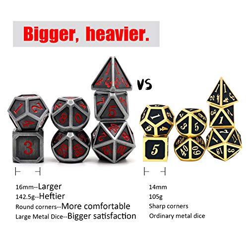 Haxtec Ancient Silver Metal DND Dice Set D&D 7PCS Large Rounded Antiue Iron RPG Dice Red Numbers for Dungeons and Dragons TTRPG Game Gifts',Standard size | Red Numbers D&D with Leather Bag, Compatible with Dungeons and Dragons, Antique Iron Heavy Metallic