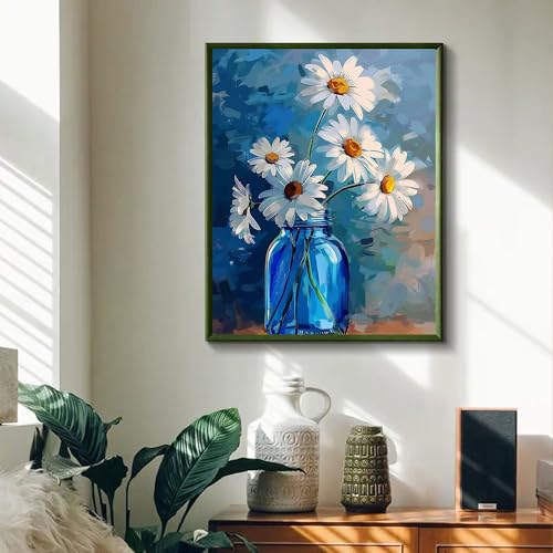 Ohhvvow White Daisy Diamond Art Painting Kits for Adults, Full Drill Blue Vase Flower Diamond Dots Paintings for Beginners, Blue Round 5D Paint with Diamonds Painting Kits for DIY Crafts, 12x16 Inch - color: White flower