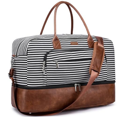Large Women Travel Weekender Bag: Carry on Duffle with Shoe Compartment | Overnight Duffel Bags with Wet Pocket, Womens Traveling Tote for Hospital Labor Delivery Gym Yoga Sport Weekend Business Trip - color: Black Striped Basic
