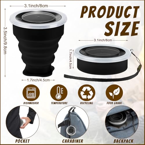 12 Pcs Silicone Collapsible Cup 7.04 oz Folding Camping Travel Collapsible Coffee Cup Portable Reusable Expandable Drinking with Lids for Outdoor Hiking - color: Balck