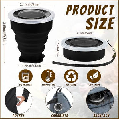 12 Pcs Silicone Collapsible Cup 7.04 oz Folding Camping Travel Collapsible Coffee Cup Portable Reusable Expandable Drinking with Lids for Outdoor Hiking - color: Balck