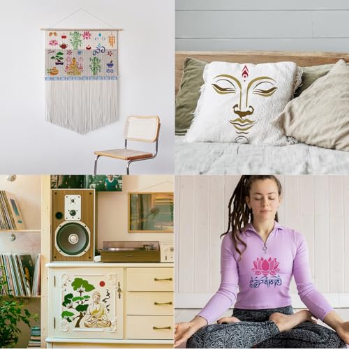 FINGERINSPIRE 9 Pcs Religious Pattern Stencils with a Brush 11.8x11.8Inch Buddha Painting Stencils Yoga Pattern Template PET Mandala Lotus Flower Template for Wood Wall Floor Tiles Furniture - style: Religious Mandala Buddha