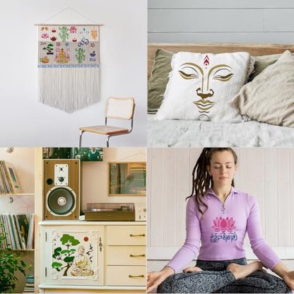 FINGERINSPIRE 9 Pcs Religious Pattern Stencils with a Brush 11.8x11.8Inch Buddha Painting Stencils Yoga Pattern Template PET Mandala Lotus Flower Template for Wood Wall Floor Tiles Furniture - style: Religious Mandala Buddha