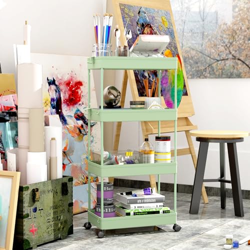 SPACEKEEPER 4 Tier Rolling Cart, Bathroom Cart Organizer with Wheels, Green - color: Green, size: 4 Tier