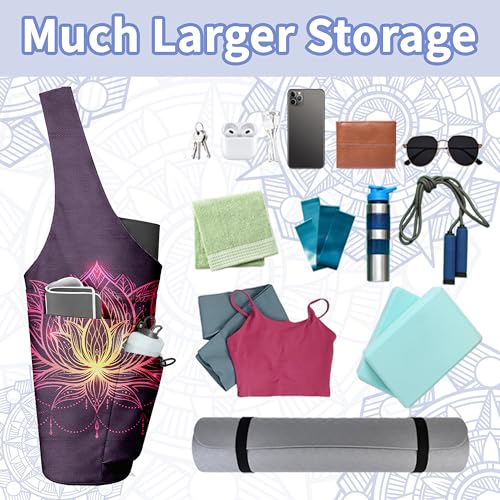 Yoga Bag for Women, Large Yoga Mat Bag Tote Carrier with Wet Dry Pocket | Water Bottle Holder & Adjustable Strap, Fits 1/2" Thick Yoga Mat for Gym, Pilates, Travel, Work - color: Purple Lotus